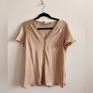 Champagne Satin Short-Sleeve V-Neck Button Front Top